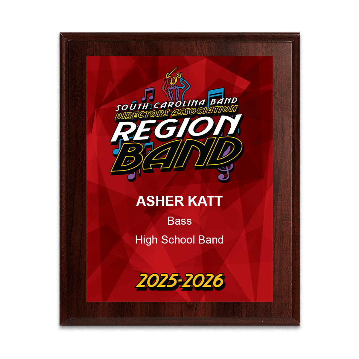 2025-2026 SCBDA Region Band 6x8 Plaque
